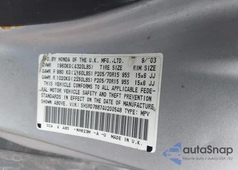 2004 Honda Cr-V Ex z USA, uszkodzony, nr VIN SHSRD78874U200548